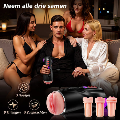 Daphne - Penis Pomp met 3 verwisselbare sleeves, Pocket Pussy, 9 Zuig- & 9 Vibratiemodi, Mannelijke Masturbator