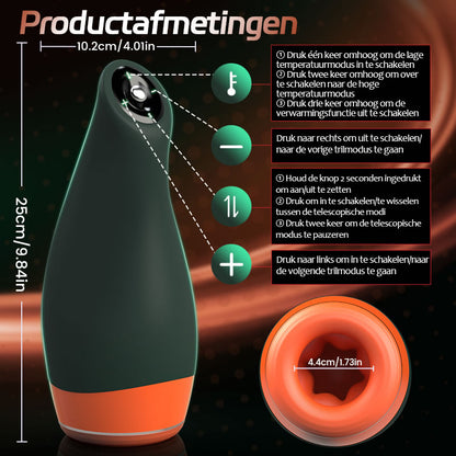 Warming – Simuleert mondholtetemperatuur met vibratie en telescopische 2-in-1 mannelijke masturbator